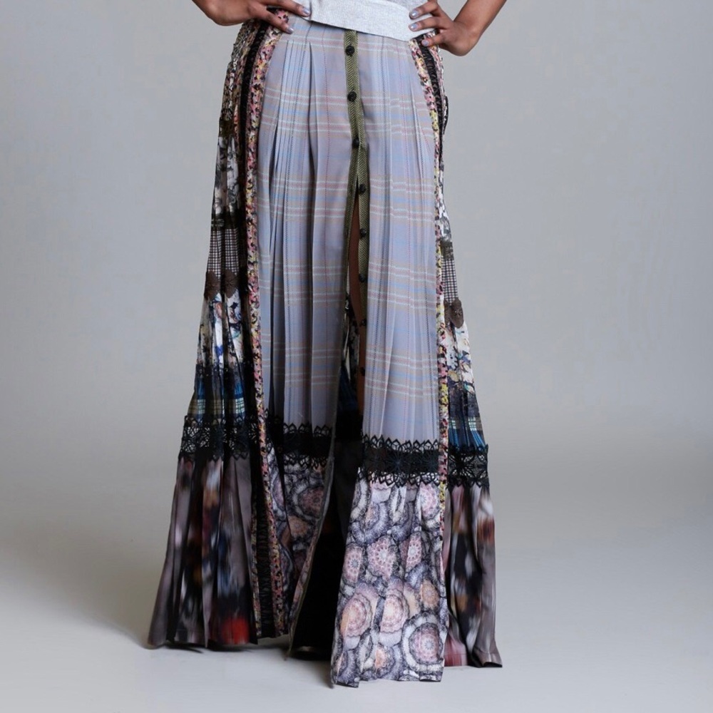 Byron Lars Long Chiffon Prairie Plaid Watercolor Laser Cut Maxi Skirt Tall 2